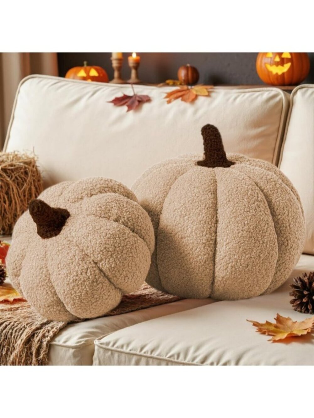 Set of 2 Off White Fall Pumpkin Pillows Halloween Decoration Soft Fleece Sherpa